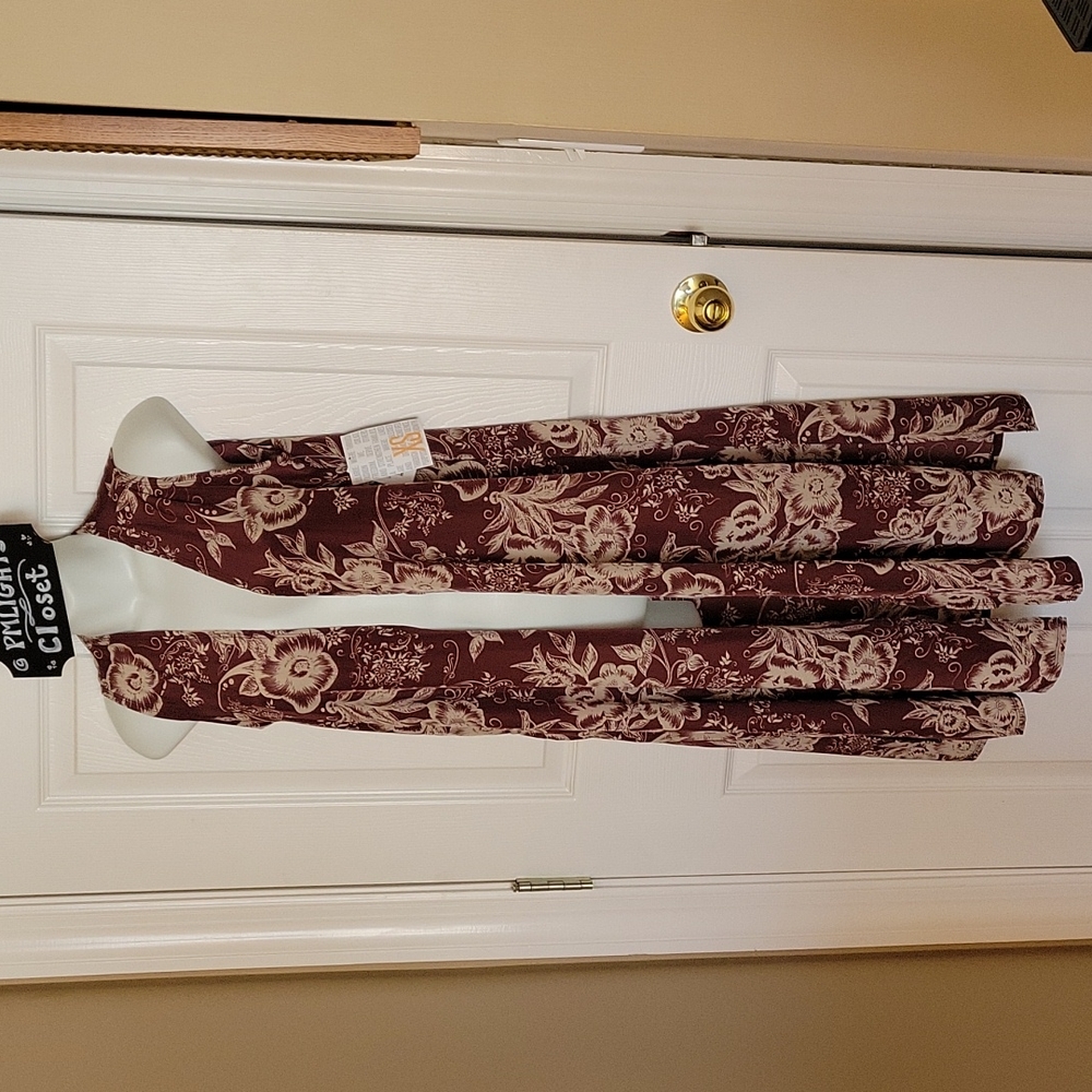 LuLaRoe New XS Joy Longline Vest Burgundy Cream Floral
